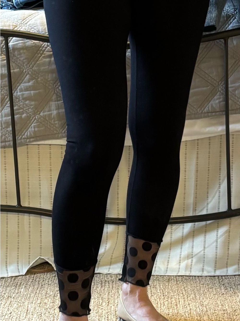 Black Polka Sheer Hem Leggings - Women